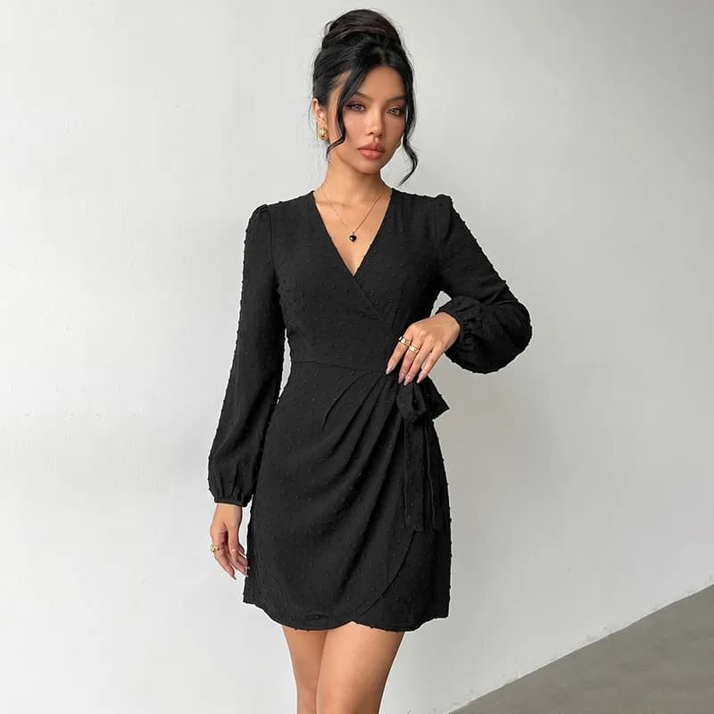 Elegant Party Women's V Neck Long Sleeve A Line Dress with Waist Cinched Solid Color Pullover Mid Waist Woven Short Fitted