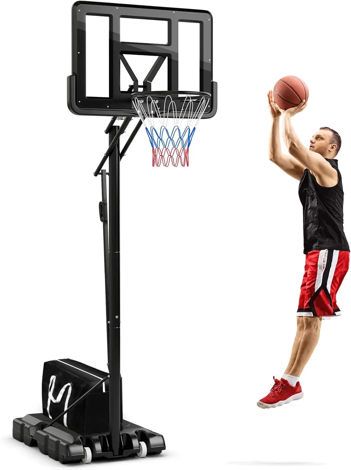 Canestro da Basket GYMAX, Regolabile in Altezza da 4,6 a 10 Piedi con Tabellone Infrangibile da 44 Pollici, Cerchio in Metallo da 18 Pollici e Base Pesante