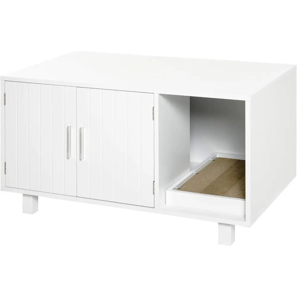 Mobiletto per lettiera per gatti in legno bianco con comodino/tavolino, tiragraffi e porta magnetica