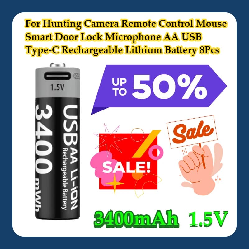 Per la caccia telecamera telecomando mouse serratura intelligente microfono 1.5V AA 3400mAh USB tipo C batteria al litio ricaricabile 8 pezzi