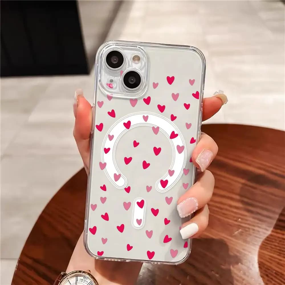 Pink Love Case for iPhone 17 16 15 14 13 12 11 Pro Max Plus Transparent Magnetic Anti-scratch
