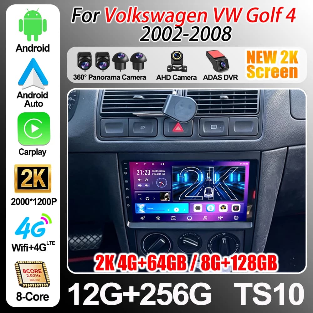 Autoradio Android 16 per Volkswagen VW Golf 4 IV LHD 2002-2008 Jetta MK4 Classics con 5G WiFi, Video, Stereo, Carplay e Lettore Multimediale