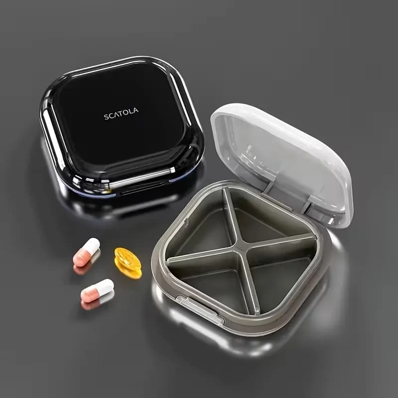 Compact travel pill organizer with 4 compartments - Portable container for vitamins, pills and supplements