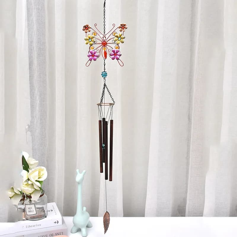 Vintage Hollow Butterfly Wind Chimes Pendant Garden Wrought Iron Glass Sunflower Bell Pendant