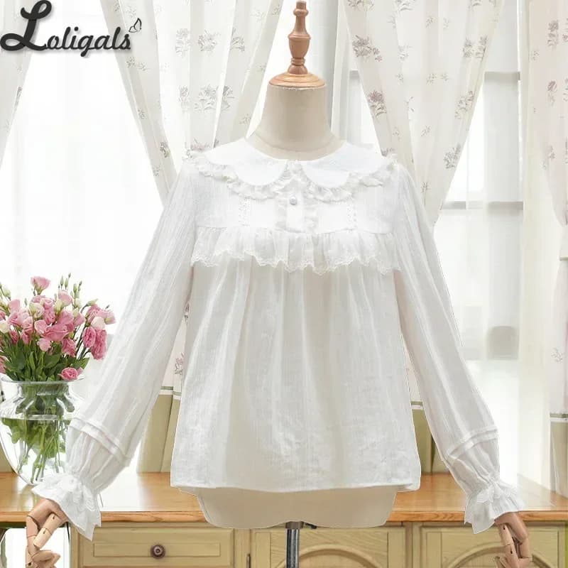 Sweet Lolita Blouse White Long Sleeve Peter Pan Collar Cotton Top