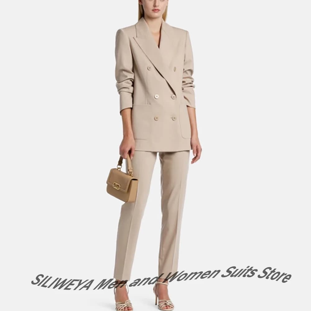Beige Double Breasted Women's Jacket Professional 2 Pieces Blazer Pants Set Formal Professional Business Office Suit