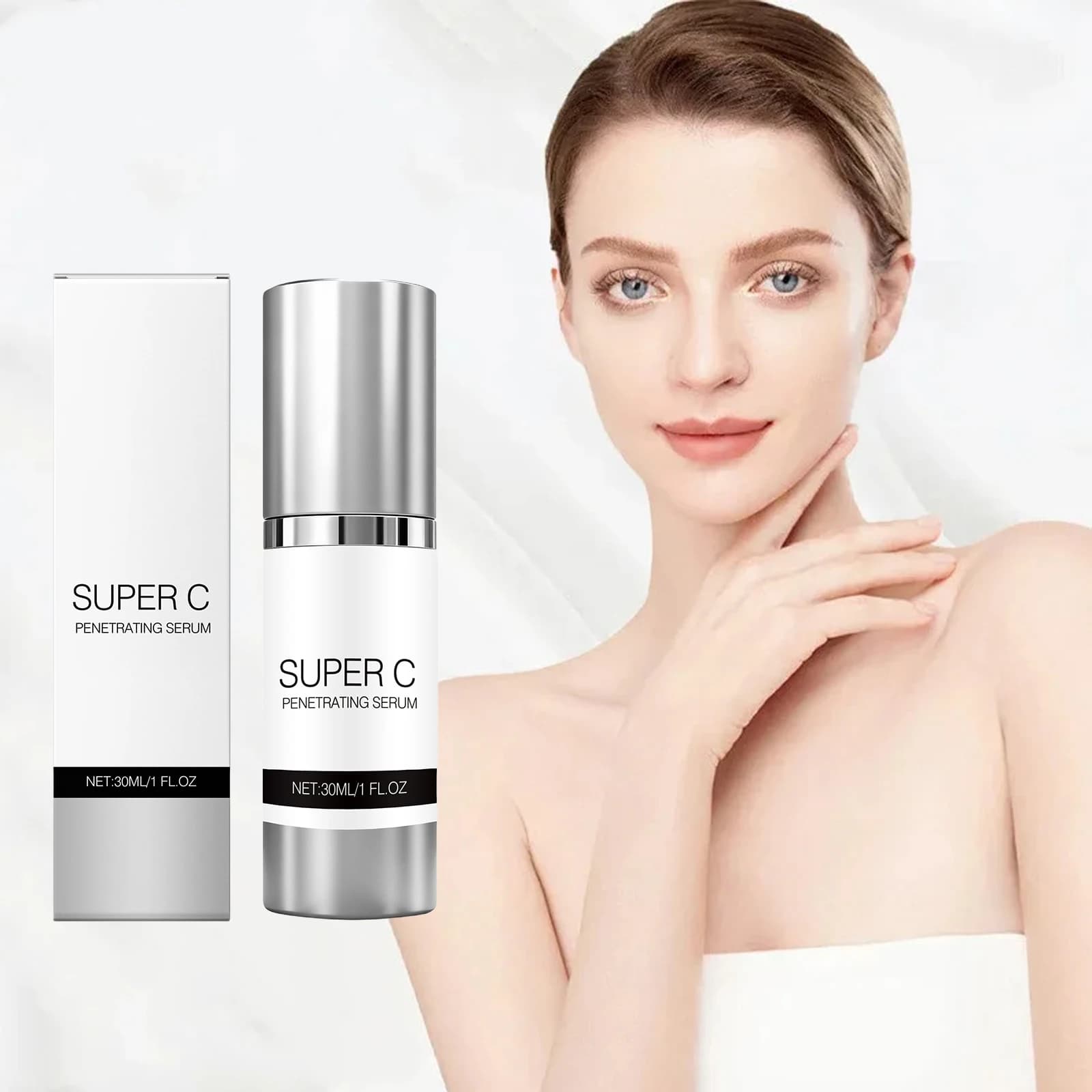 Siero Viso alla Vitamina C per Pelle Luminosa, Riduzione di Linee Sottili e Macchie, Restringimento dei Pori, Schiarente, Idratante e Rassodante