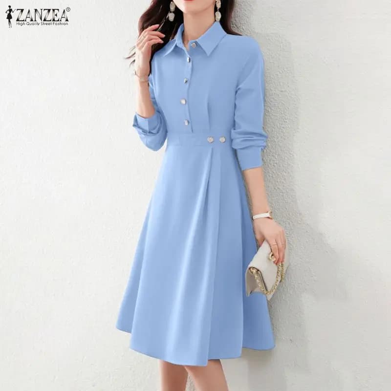 2026 ZANZEA Abito Elegante da Donna con Collo a Risvolto e Maniche Lunghe, Vestito Primaverile da Ufficio, Abito da Festa Elegante a Trapezio con Vita Stretta, Vestito Estivo per Vacanze