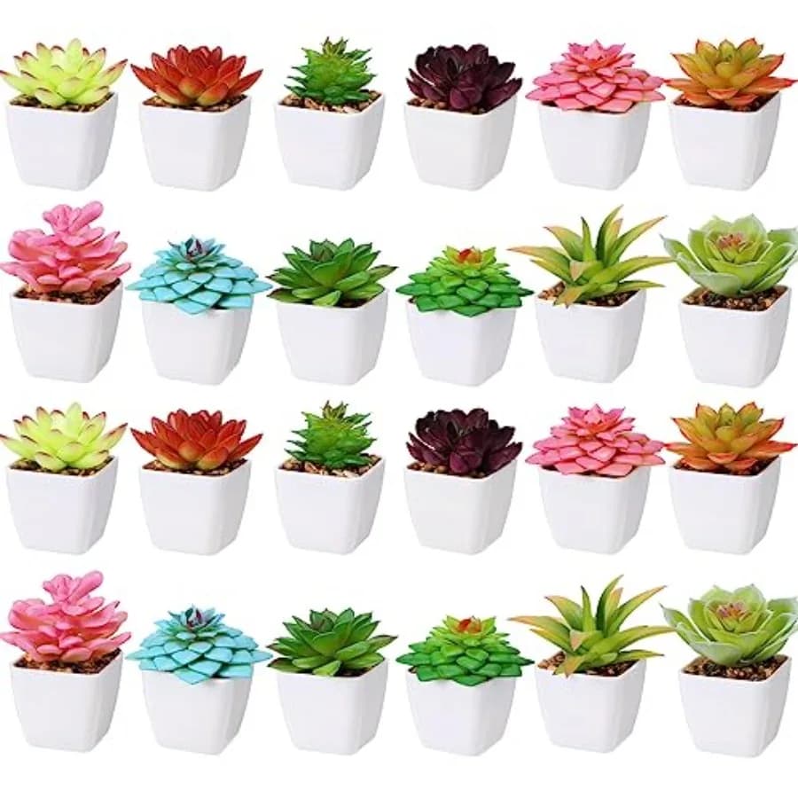 Set di 24 Mini Piante Succulente Artificiali in Vasi Bianchi, Decorazione per Interni, Casa, Ufficio, Scrivania, Finestra, Bagno, Camera da Letto