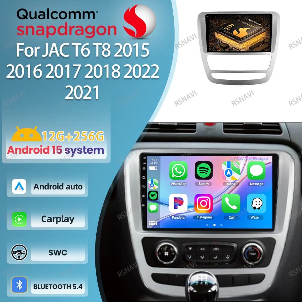 Android 15 Autoradio For JAC T6 T8 2015 2016- 2021 9/10 Pollici 8 Core Viedo Player QLED WIFI + 4G IPS Qualcomm Snapdragon Navigation