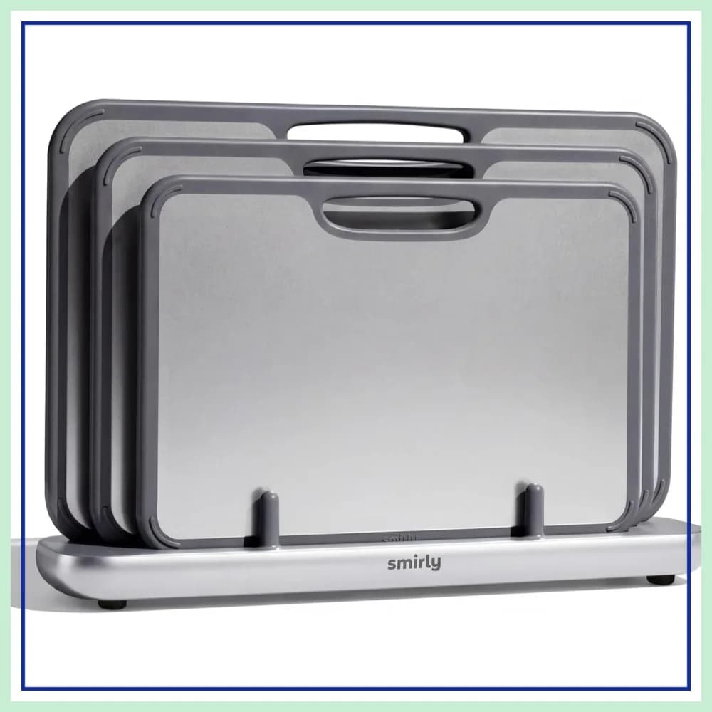 Set di Taglieri in Titanio a Doppia Faccia per Cucina, 3 Pezzi con Supporto, Lavabili in Lavastoviglie