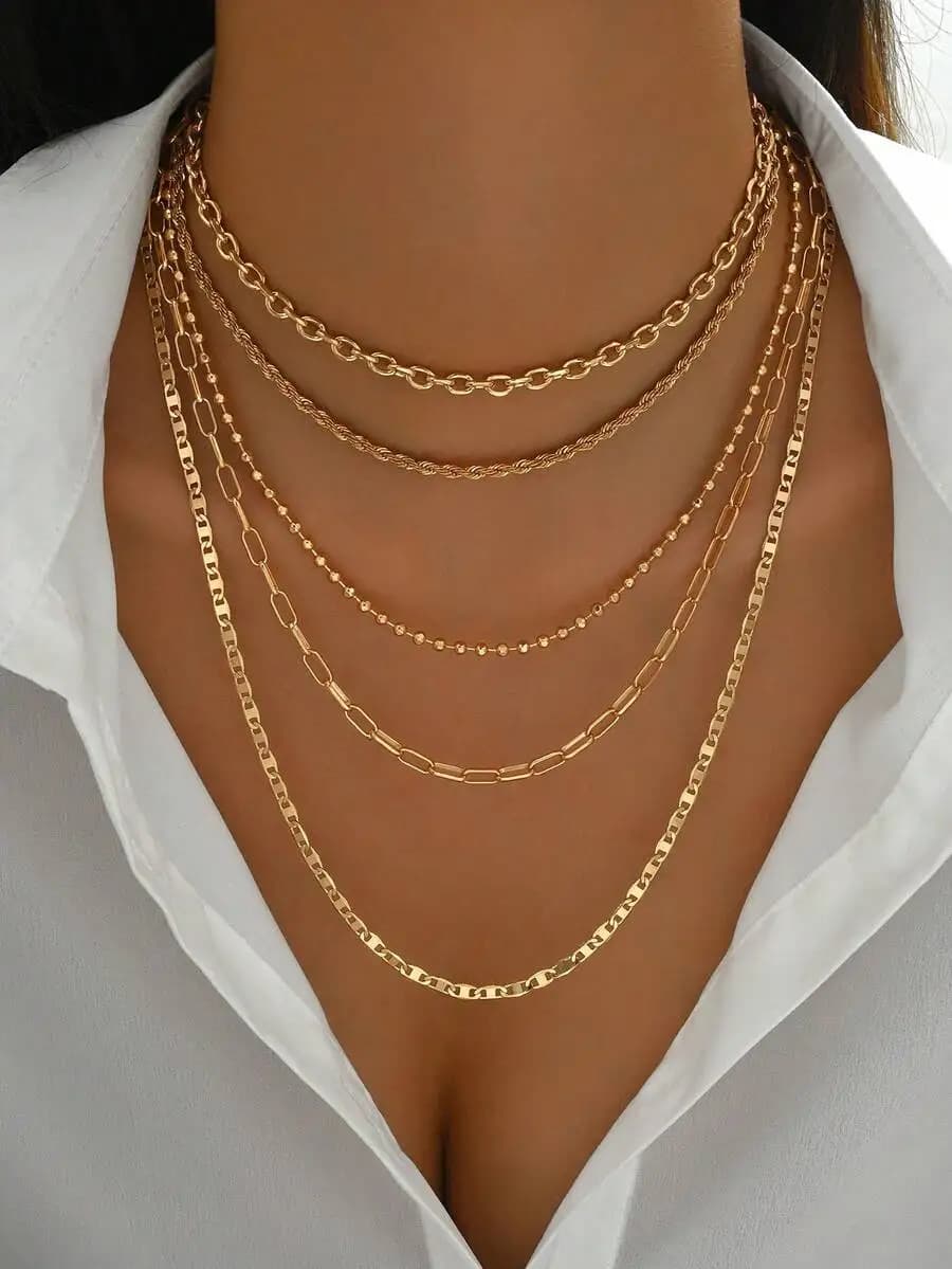 5pcs/Set Simple Braided Bead Chain Necklaces, Gold Tone, Layered Pendant Necklace Set For Women Daily And Party Wear