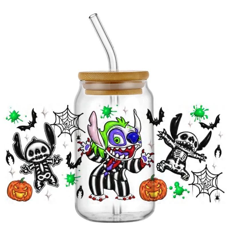 Adesivi decorativi per tazze da 16oz con motivo a tema horror di Halloween, trasferibili con tecnologia UV DTF, lavabili, personalizzabili con logo, fai da te.