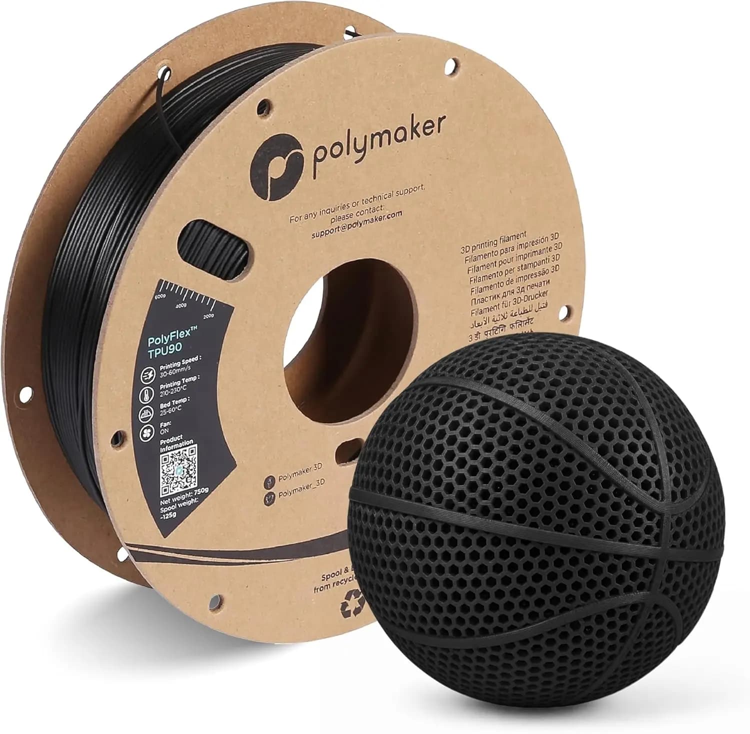 Polymaker TPU 90A Filament 1.75mm 0.75kg, Shore Flexible 3D Printer Filament 1.75mm - PolyFlex TPU90 3D Printing TPU 90A