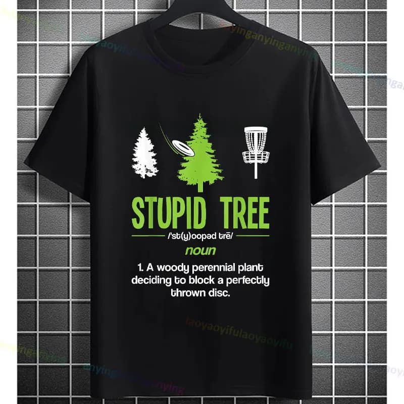 T-shirt grafica divertente Disc Golf - "Stupid Tree Noun Definition" Maglietta sportiva casual a maniche corte in cotone 100% Abbigliamento sportivo