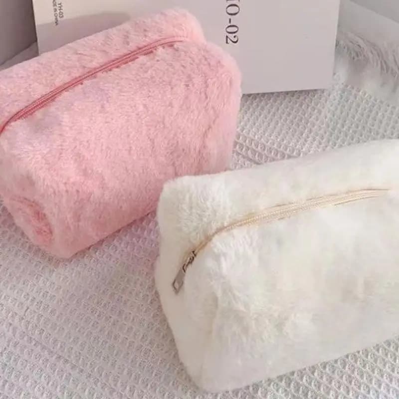 Solid Color Plush Cosmetic Bag Zipper Portable Travel Toiletry Pouch Women Small Makeup Storage Bag Washing Sundry Organizer