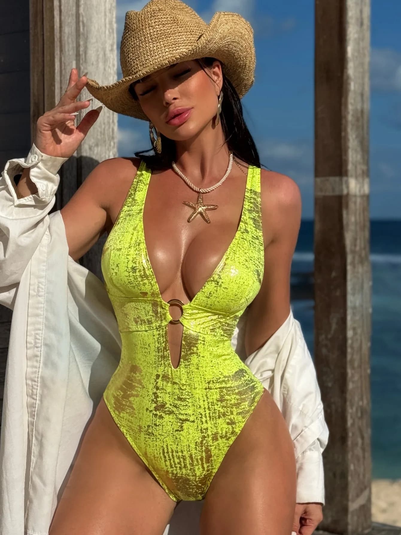 Sexy V-Neck One Piece Swimsuit For Women Cut Out Monokini Blingbling Ring Swimwear High Waisted Bathing Suit Summer Beach Wear