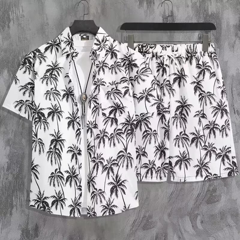 Hawaii Print Ice Silk Loose ort Sve Men's irt Summer Beachwear with orts Two-Piece Set for Young Casual Sportswear