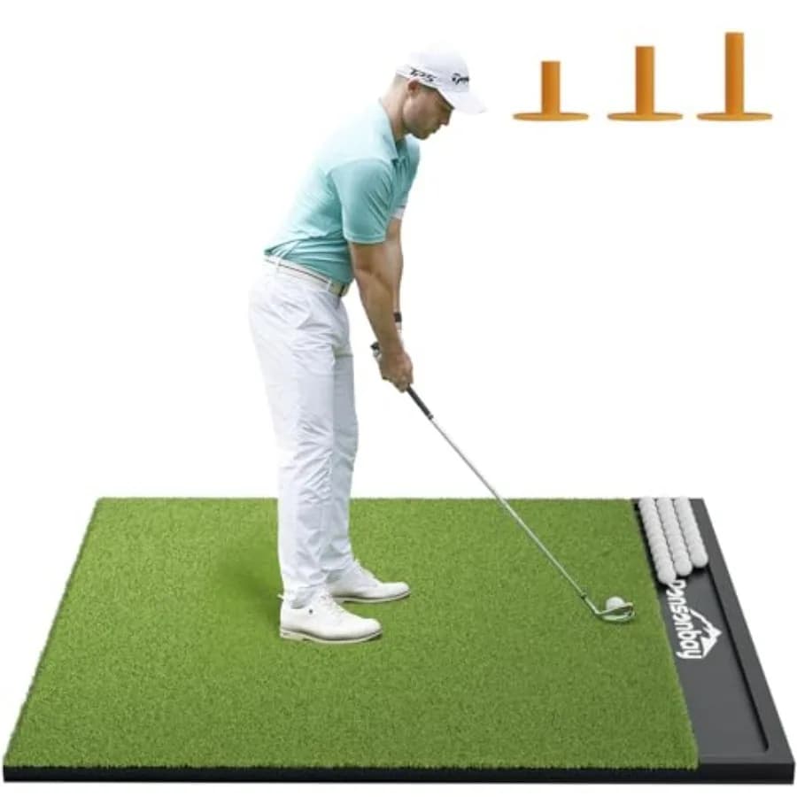 Tappetino da Golf Integrato con Vassoio Porta Palline, Tappetino da Golf Ispessito per Pratica Esterna e Interna con Erba Sintetica e 3 Tee