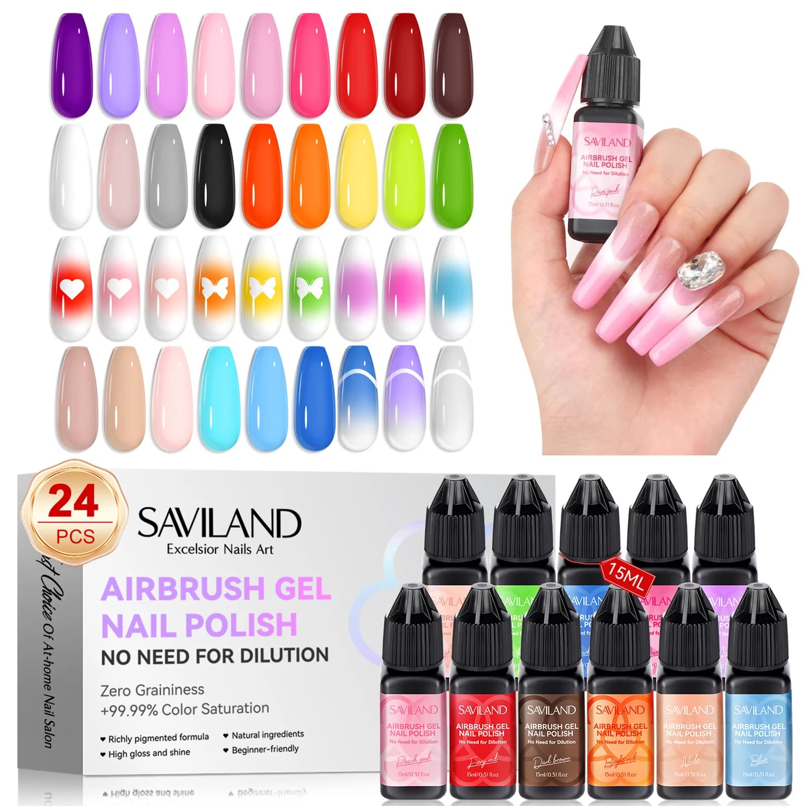 SAVILAND Set di 24 Colori di Smalto Gel per Aerografo Senza HEMA, Senza Diluizione, Senza Acetone, Alta Saturazione per Nail Art Professionale