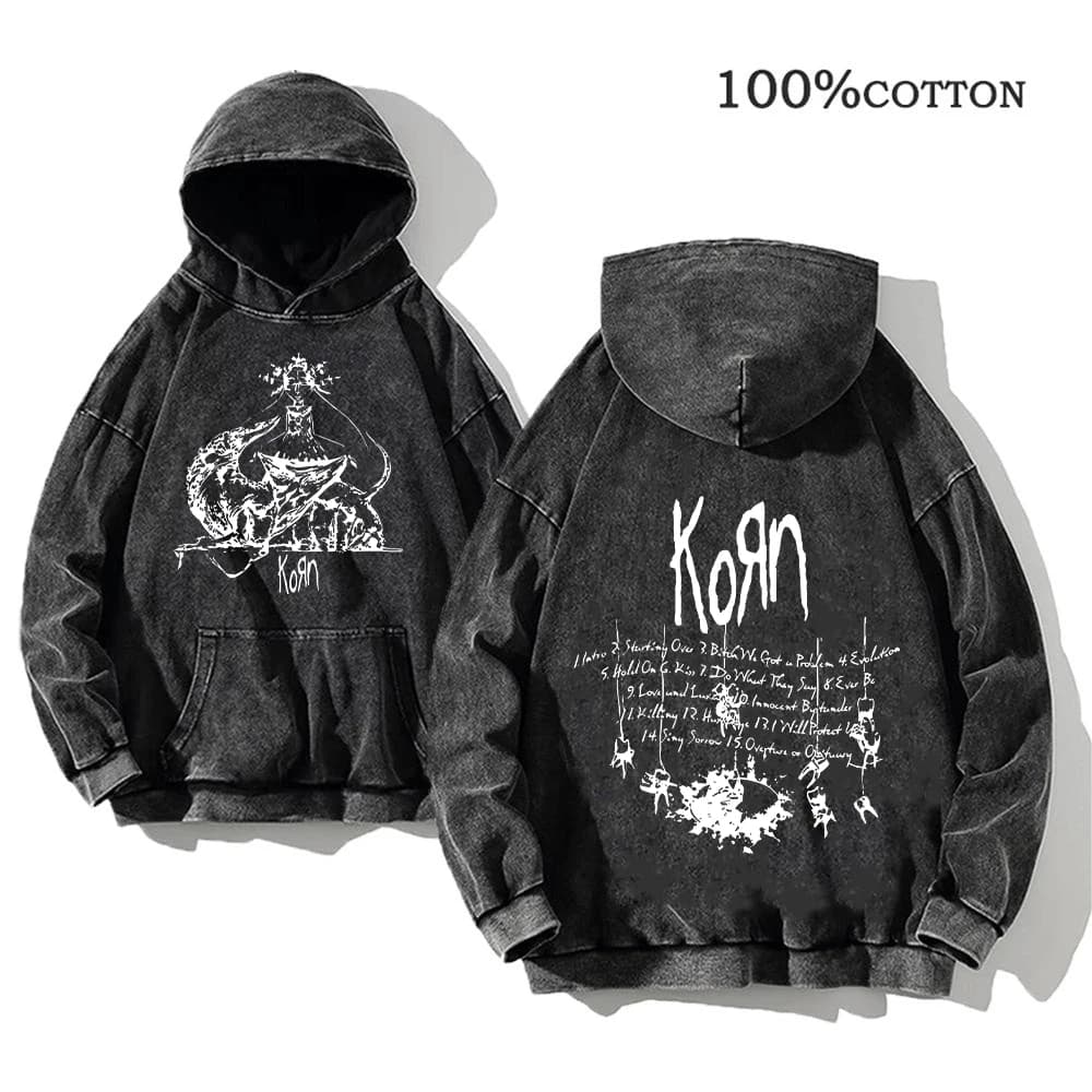 Felpe con cappuccio Korn Rock Band World Tour Felpe da uomo vintage lavate in cotone Hip Hop Streetwear Pullover con cappuccio Top larghi Y2K