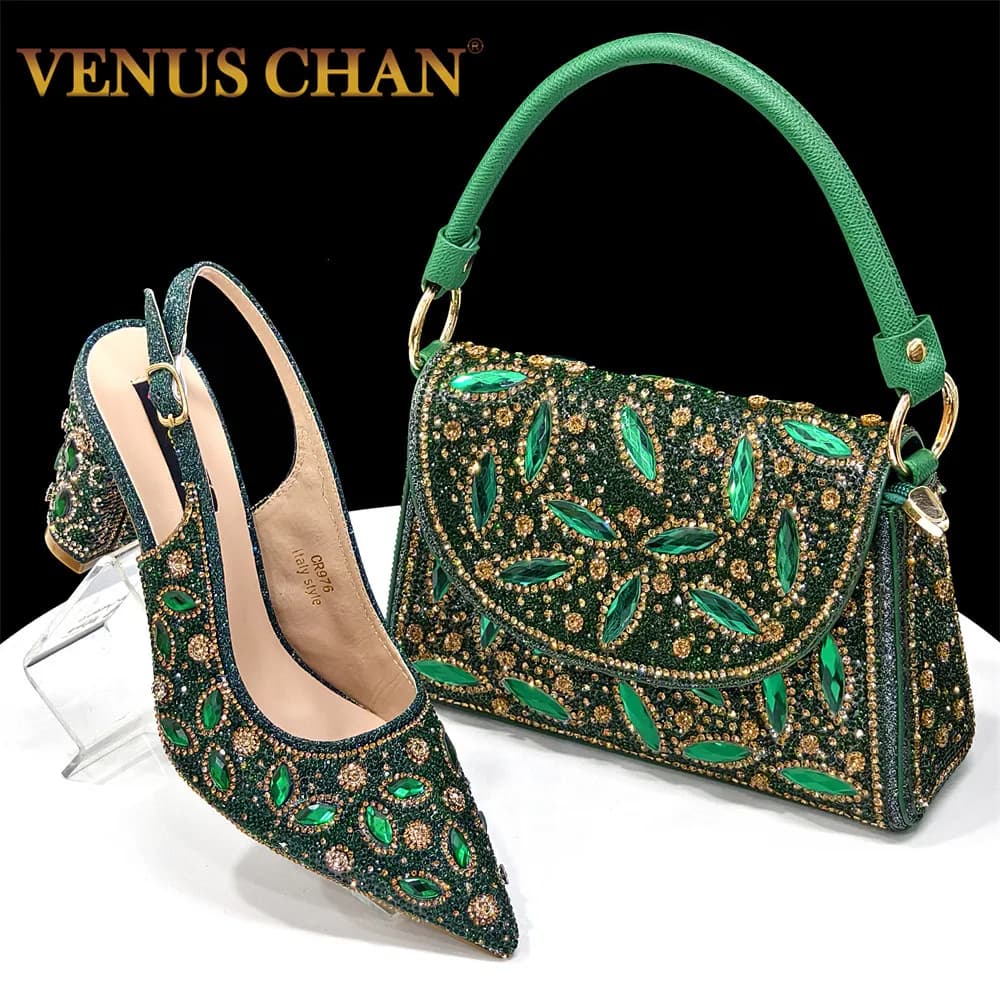 Elegant set of shoes and evening bags in Italian style: comfortable women's shoes with high heel and chic cable design bag