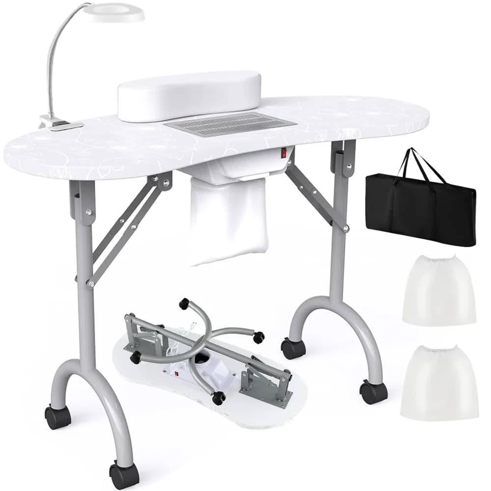 Tavolo per Manicure Tutto-in-Uno con Aspiratore Elettrico, Lampada LED, Borsa per il Trasporto e Cuscino per il Polso, Mobile, Personalizzabile