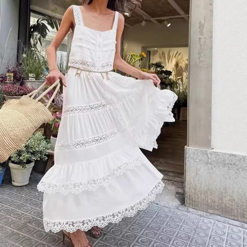 Abito Bohemien Casual con Bretelle in Pizzo da Donna, Stile Vacanza Primavera 2026, Vestito Bianco a Svasatura a Goccia, Abbigliamento Femminile