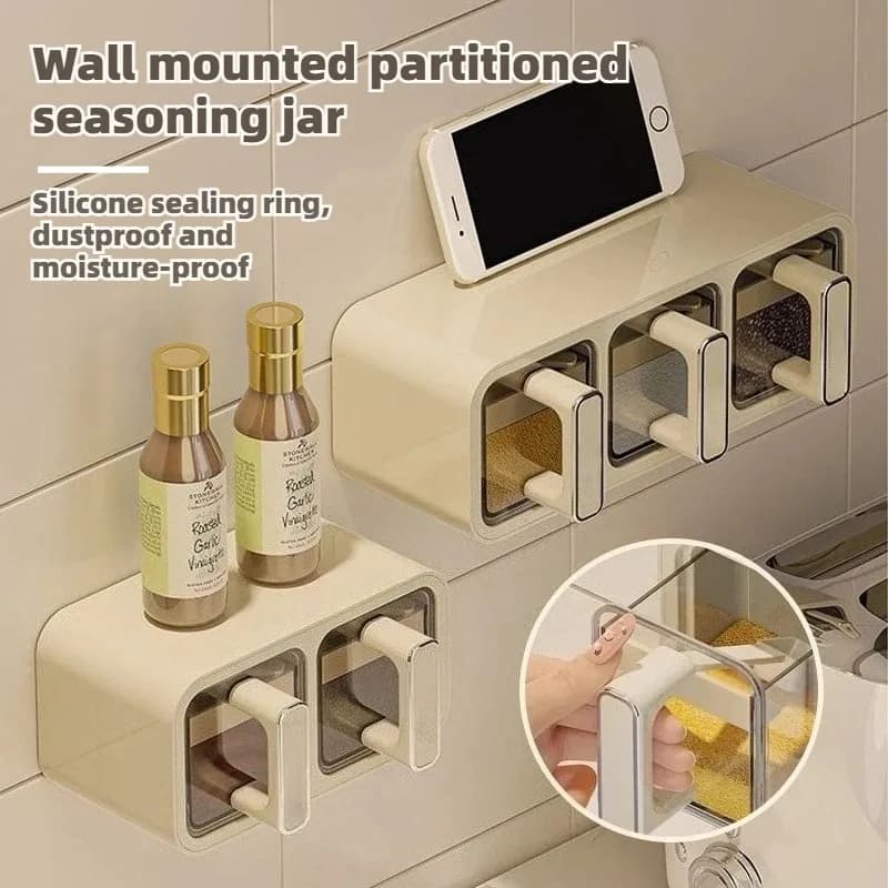 Cream Style No Drill Wall Mounted Spice Rack - Self Adhesive Seasoning Box Set Multifunctional Condiment Organizer for Kitchen