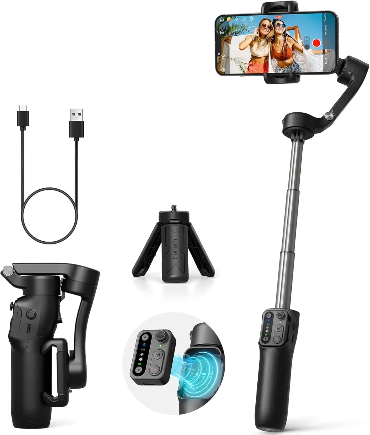 Stabilizzatore Gimbal per Telefono a 3 Assi con Telecomando Staccabile, Asta Estensibile, Batteria da 11 Ore per Registrazione Video su iPhone