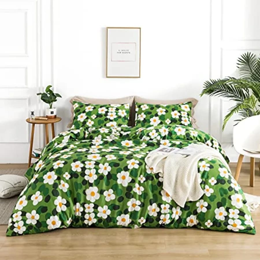 Set Copripiumino Verde Floreale 100% Cotone 3 Pezzi, Copripiumino Bianco Acquerello con Cerniera e Lacci, 2 Federe, Stile Cartone Animato