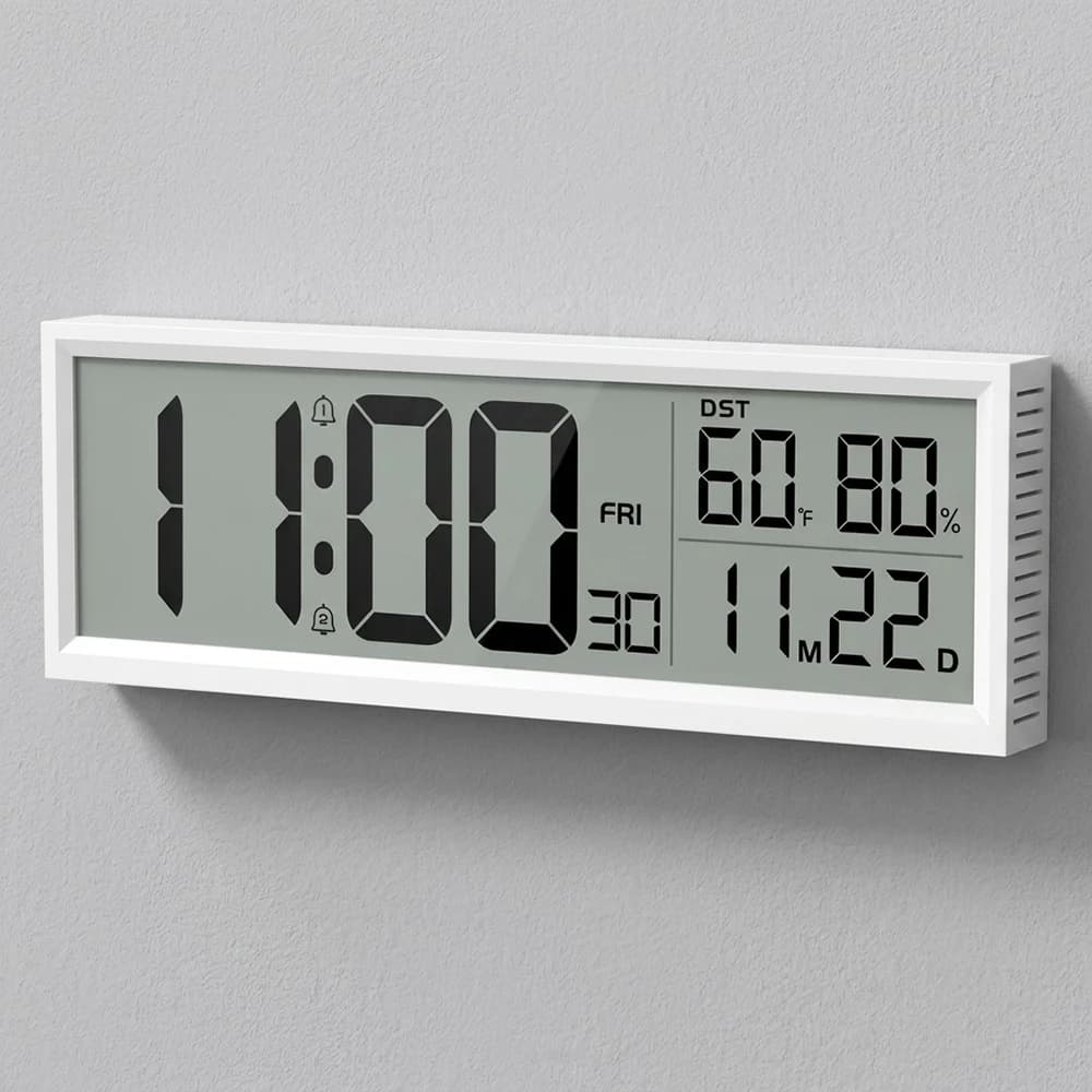 Digital Alarm Clock with Temp Humidity Date Weekday Desktop/Wall Clock for Bedroom Home Kitchen Battery Operated 8 Inch