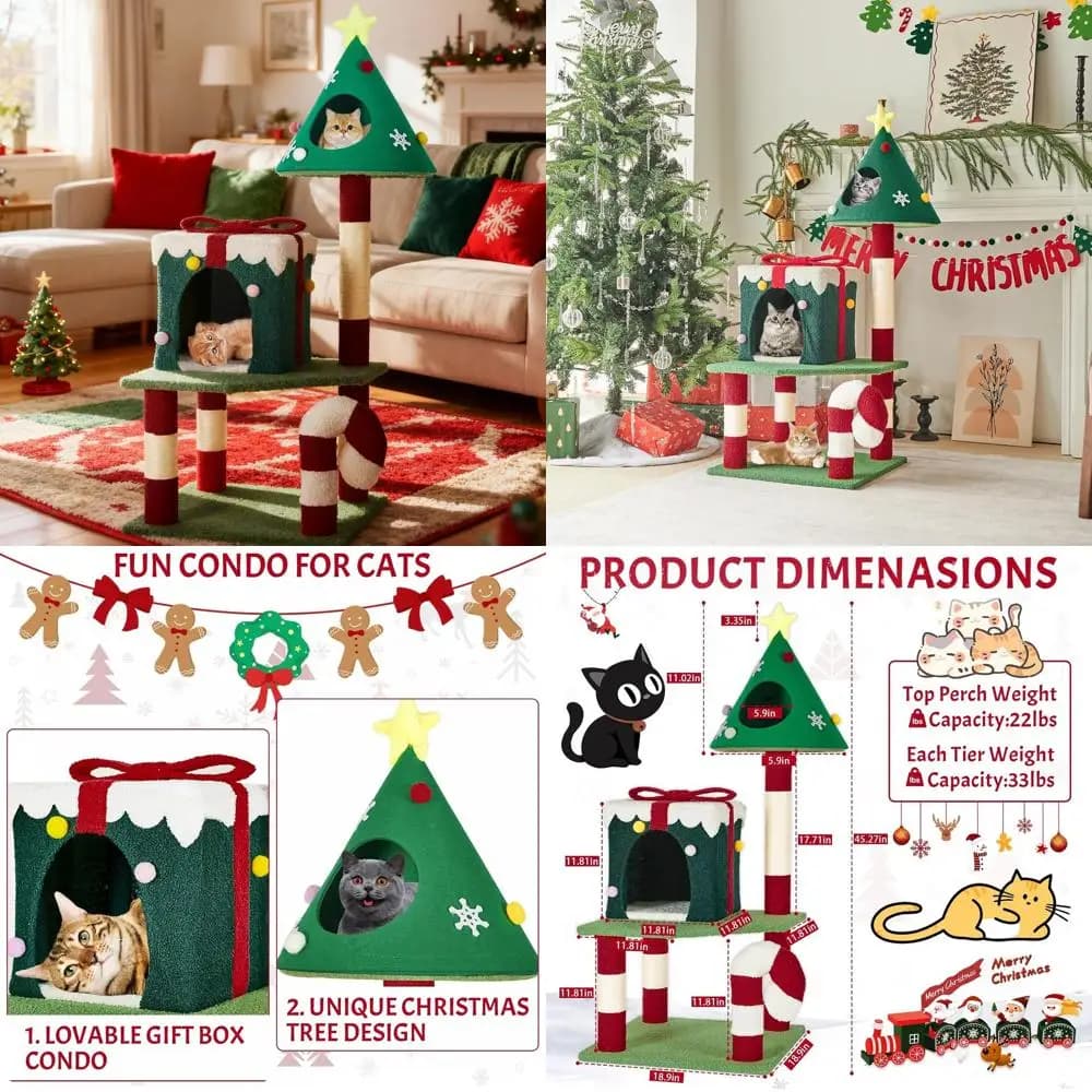 Albero da arrampicata per gatti a tema natalizio da interno, 45 cm, con casetta e design a bastoncino di zucchero