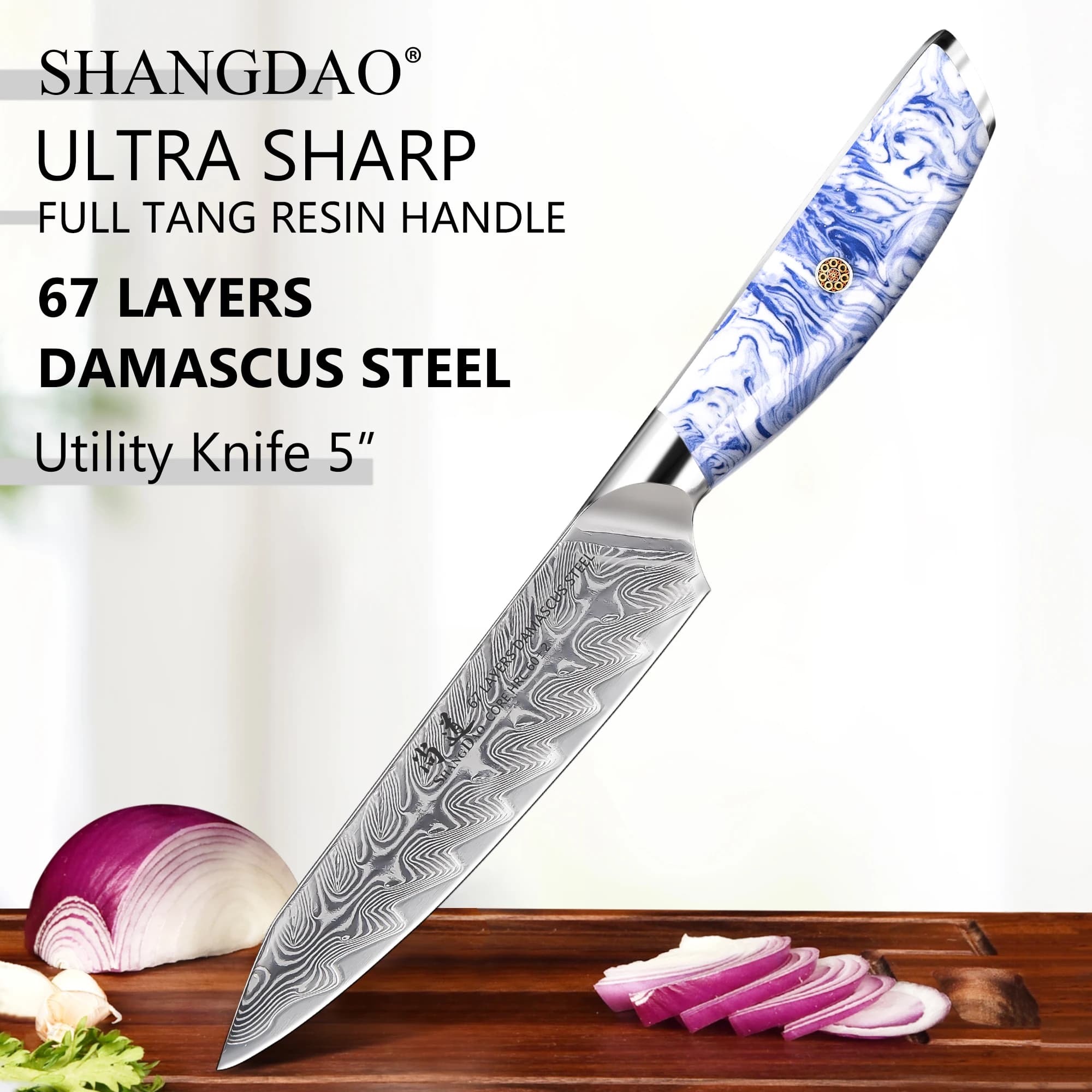 Coltello da Cucina Professionale SHANGDAO in Acciaio Damascato da 5 Pollici, Affilato per Frutta e Verdura - Manico in Resina Blu e Bianca