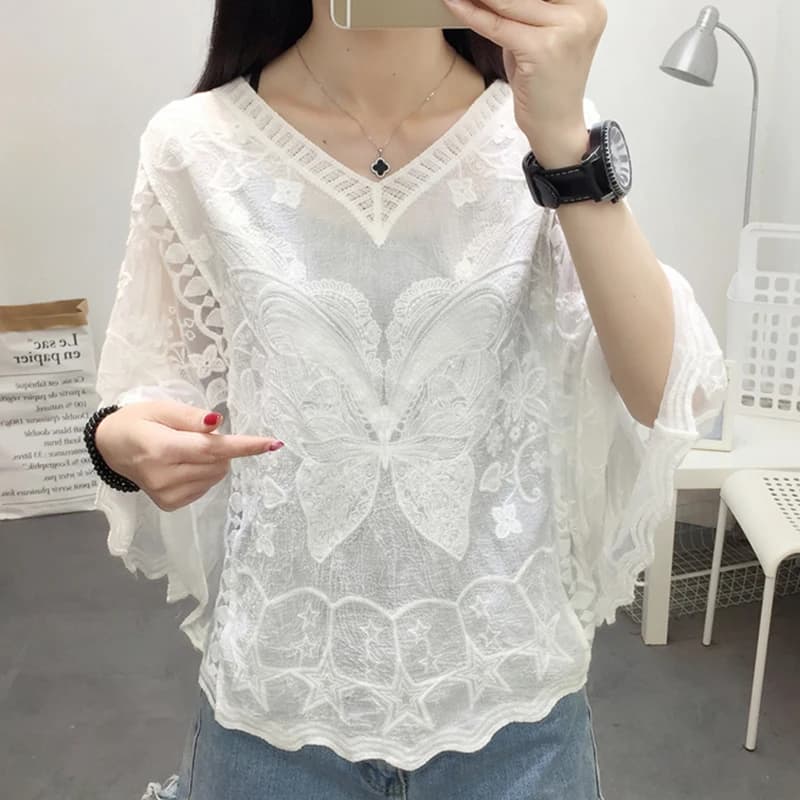 Camicia bianca in pizzo ricamato Donna Estate 2024 Manica svasata Camicetta elegante Donna Blusas Casual O-Collo Top Abbigliamento femminile 25897