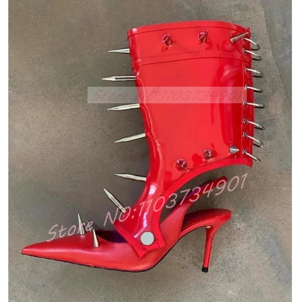 Metal Rivets Red Ankle Wrap Sandals Women Sexy Rome Style Pointed Toe High Heels Sandals Party Punk Streetwear Spike Shoes