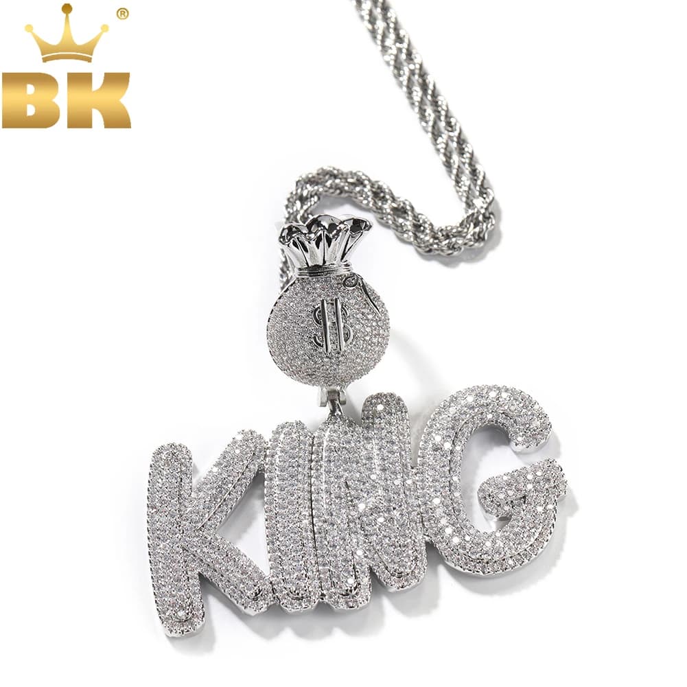 THE BLING KING lettere a bolle personalizzate con simbolo del dollaro borsa dei soldi chiusura nome collana con ciondolo Iced Out CZ Charm Hiphop Jewelry