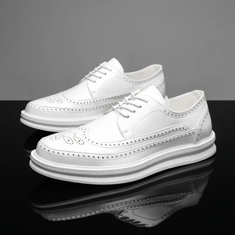 Fashion Derby Leather Men Shoes White Brogue Solid Simple Dress Shoes Man Business Casual Party Wedding Flat Shoes for Men