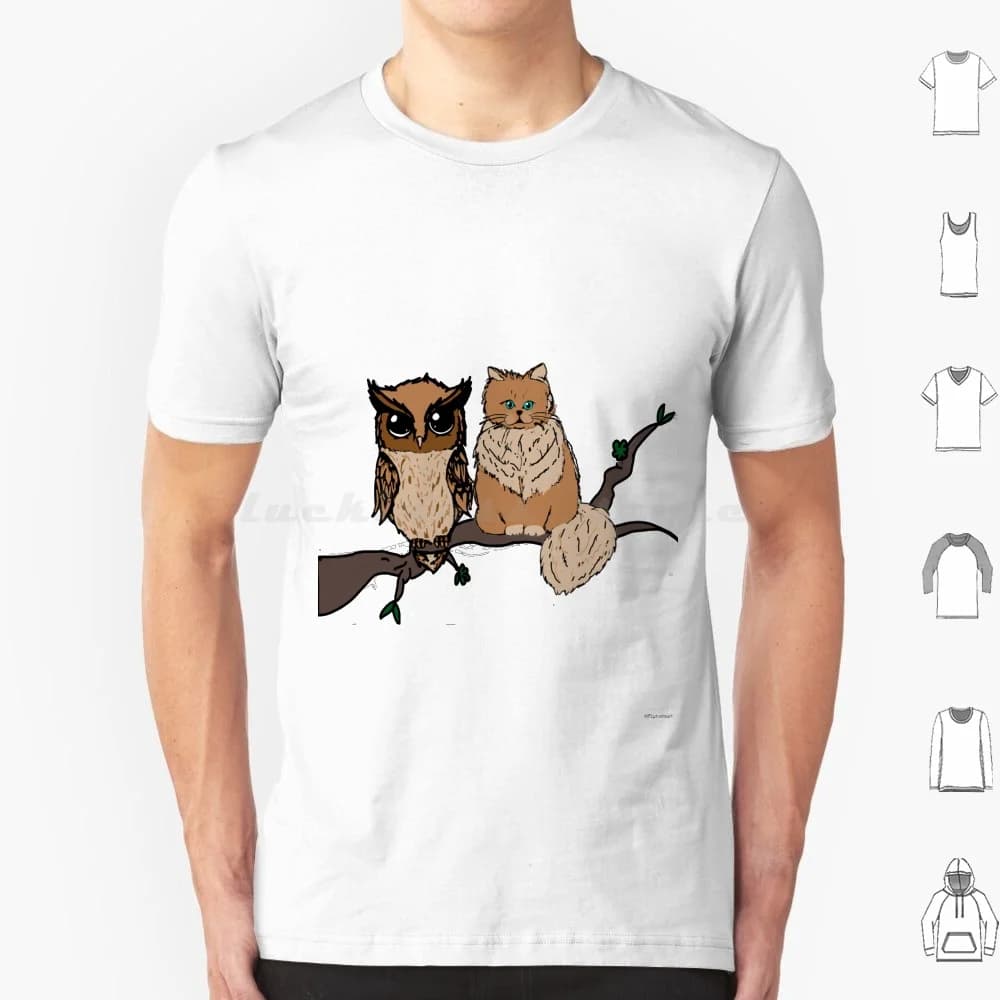 Gatto e gufo seduti in un albero T Shirt Uomo Donna Bambini 6xl Animali Gatto Gufo Uccello Colore Cartoon Disegno a tratteggio Carino Carezza Popolare