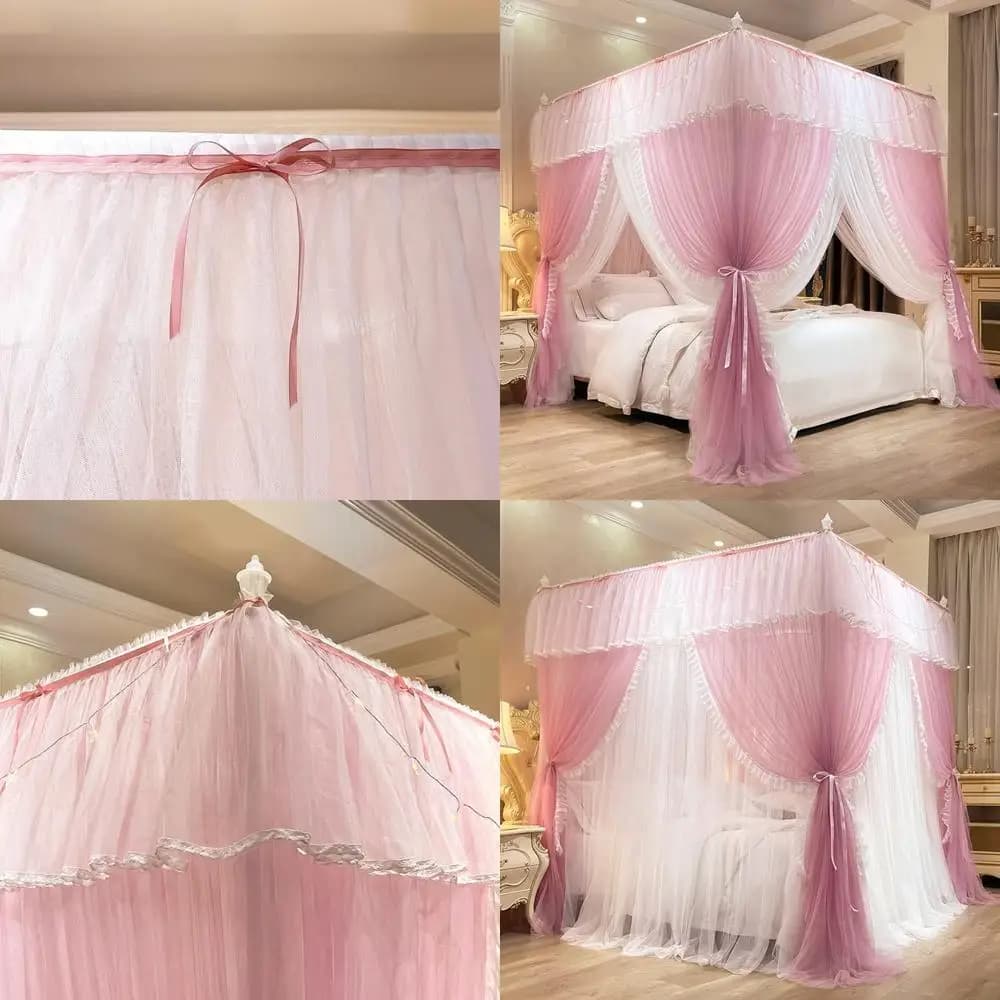 Lussuose Tende a Baldacchino per Letto a 4 Angoli con Luci, Drappeggi Rosa da Principessa per Letti Matrimoniali, Ideali per Camere da Letto di Ragazze e Adulti
