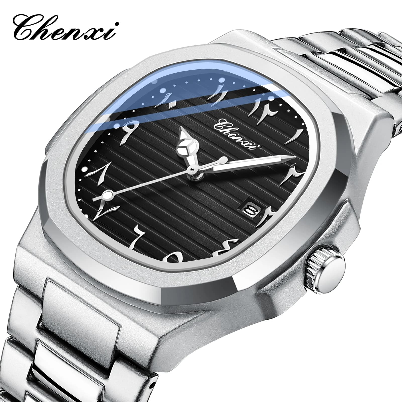 CHENXI NUOVI orologi al quarzo da uomo creativi di moda luminoso impermeabile data orologio da uomo con cinturino in acciaio inossidabile da lavoro di fascia alta
