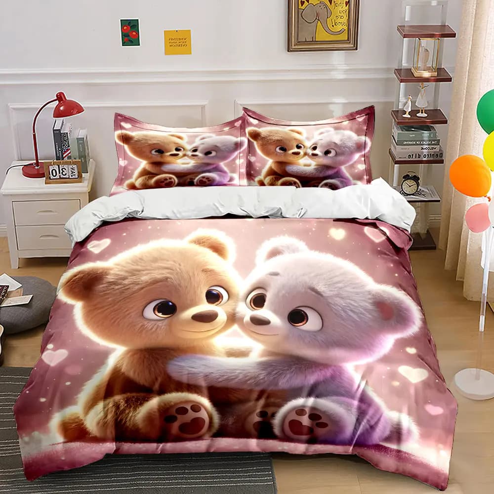 Adorabile set copripiumino stampato con orsetti abbracciati, 1 copripiumino + 2 federe, decorazioni per la camera da letto in diverse misure, regali di lusso