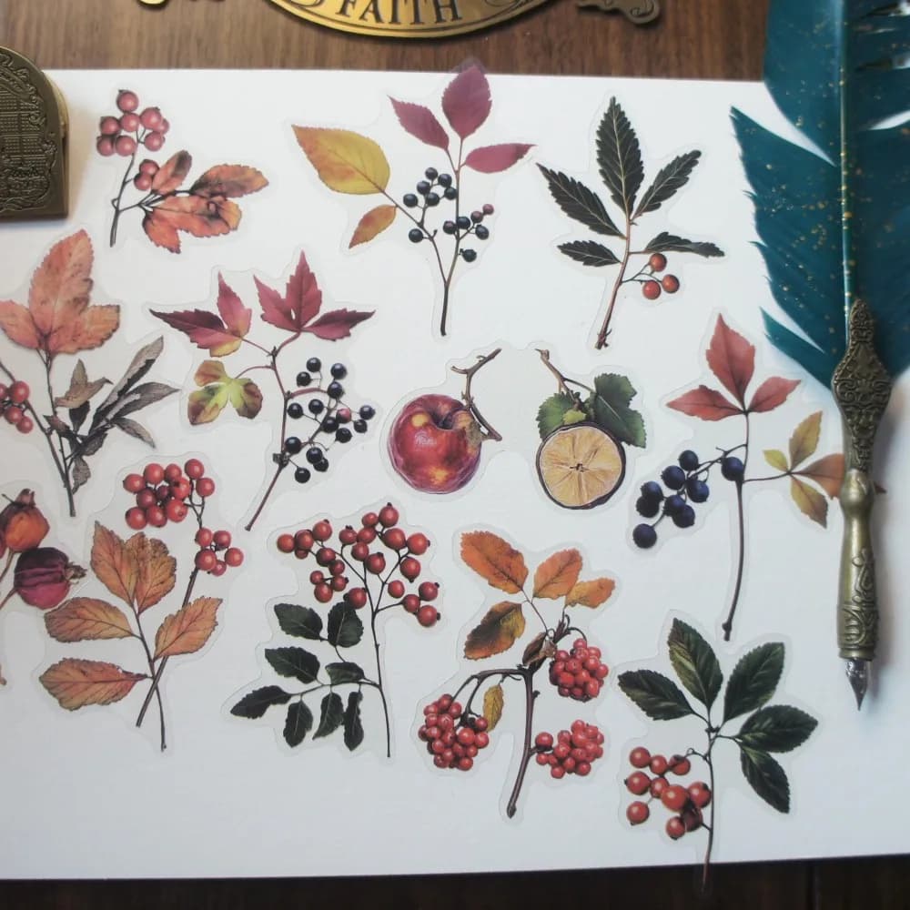 38 Pezzi di Foglie e Fiori Naturali Essiccati, Adesivi Trasparenti Stile Frutti Selvatici per Scrapbooking, Decorazione Regali Fai-da-Te