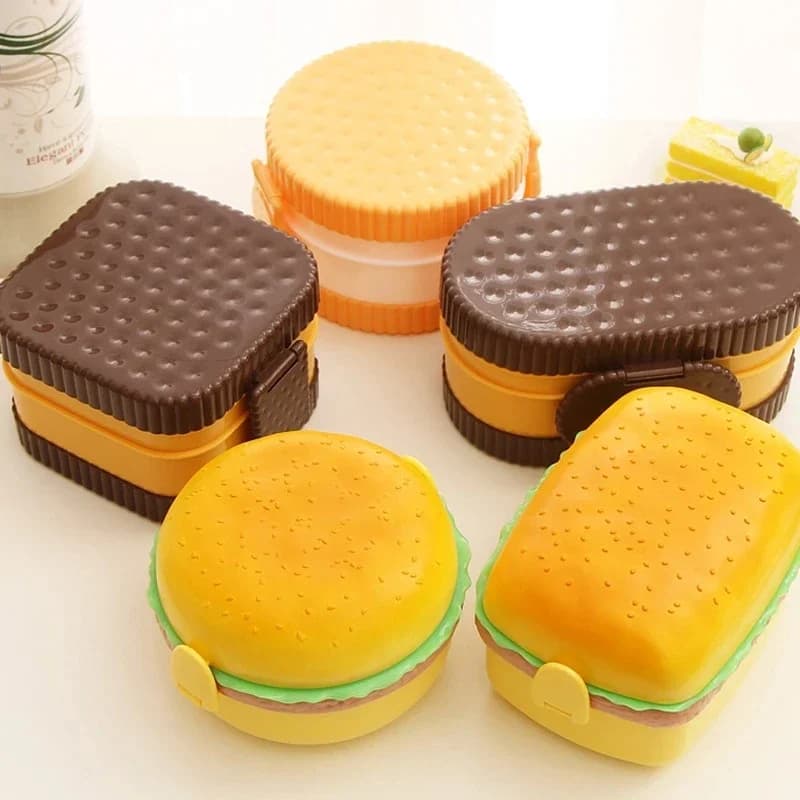 Scatola per il pranzo per hamburger a doppio livello Simpatico hamburger Bento Lunchbox Contenitore per alimenti per microonde Forchetta Set da tavola Scomparto per gufo
