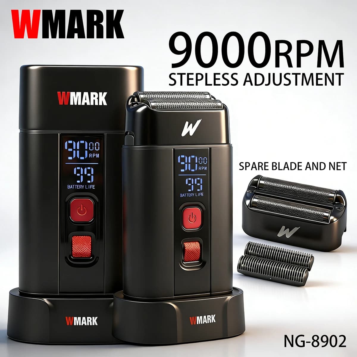 Rasoio Elettrico Professionale da Uomo WMARK NG8902 9000 RPM con Lama di Ricambio, Rete e Base di Ricarica Magnetica per Salone di Parrucchieri