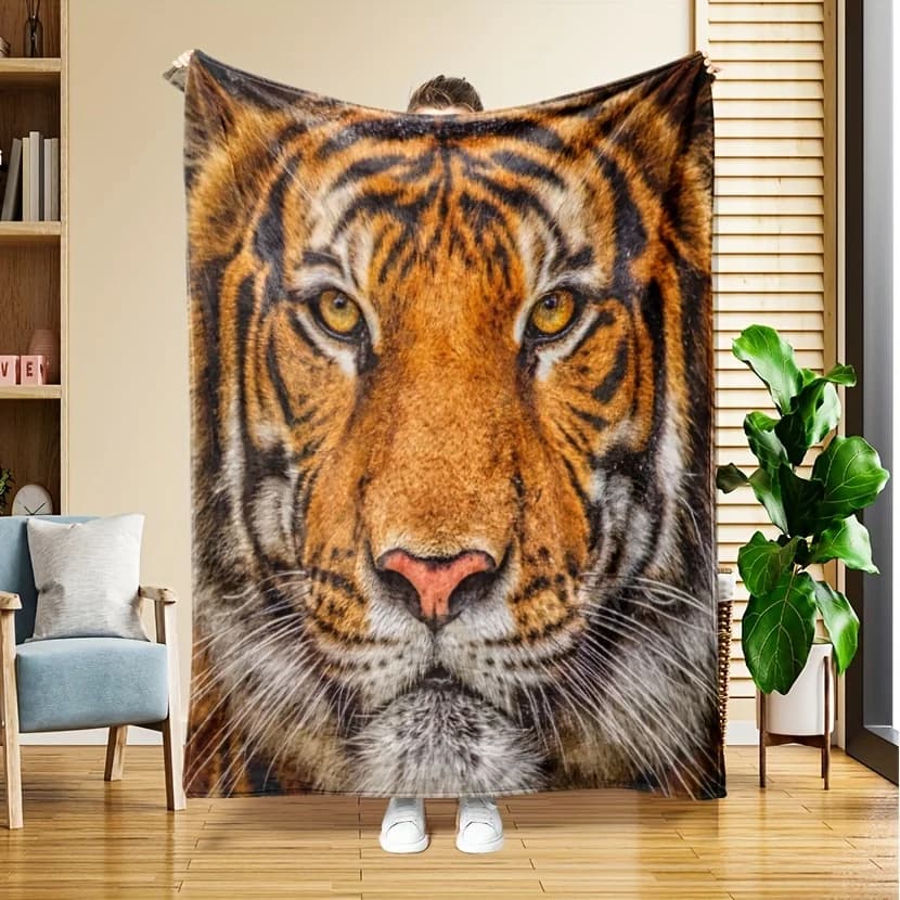 Cozy Tiger Print Flannel Blanket – Soft Warm Realistic Face Design for Couch Bed Office – Decorative All-Season Throw