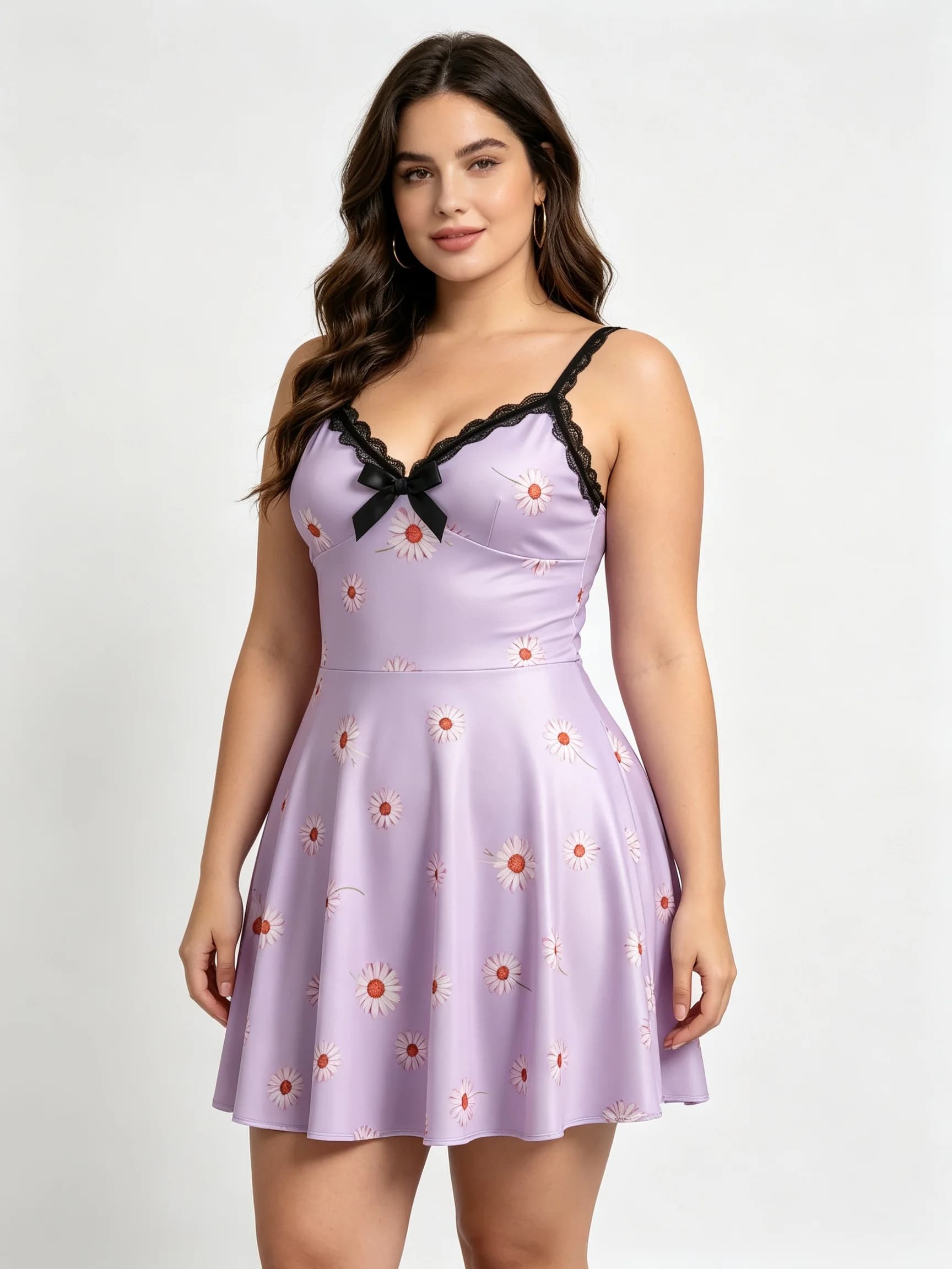 European and American large size elastic sleep dress, purple daisy print, lace trim, can be worn outside, suitable for home, dat