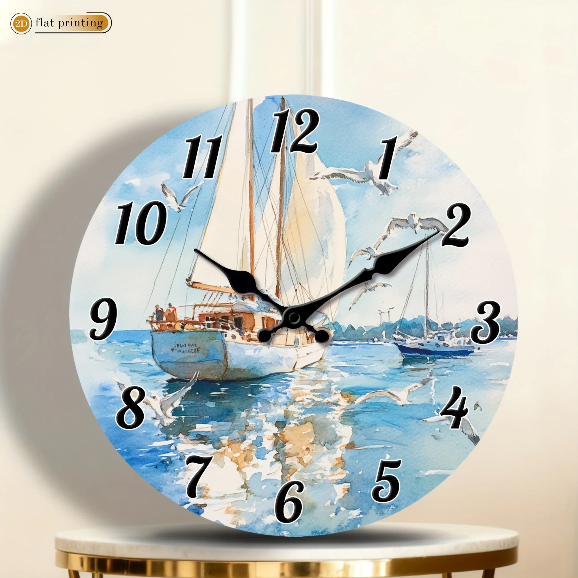 1pc Home Silent Wall Clock, Fashionable Classic Art Style, Nautical Sailing Boat with Seagulls- 2D Flat Printed