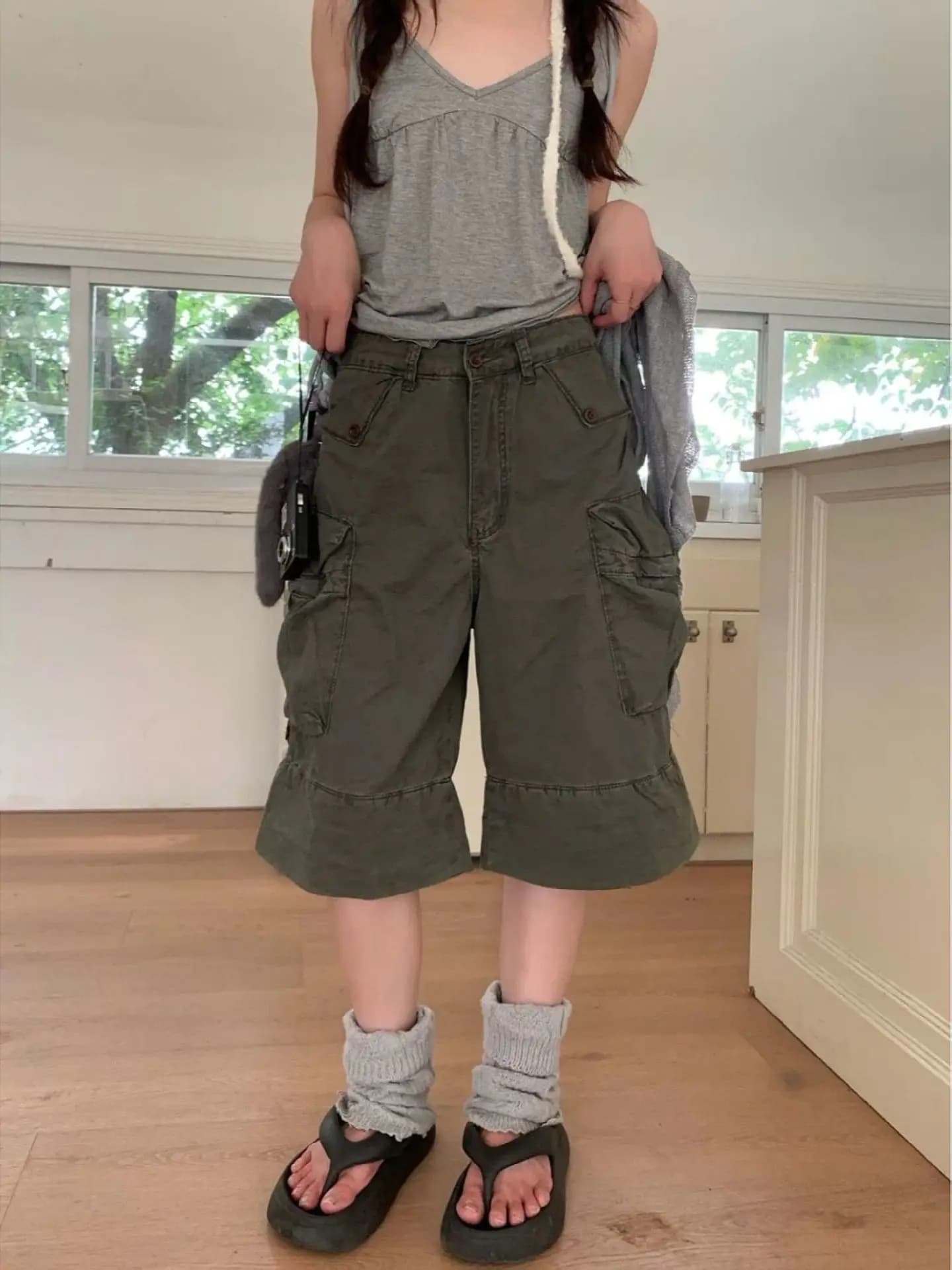 Retro American Street Washed Faded Pocket Workwear Seven-Foot Pants Loose Casual Design Wide-Leg Shorts for Women Summer