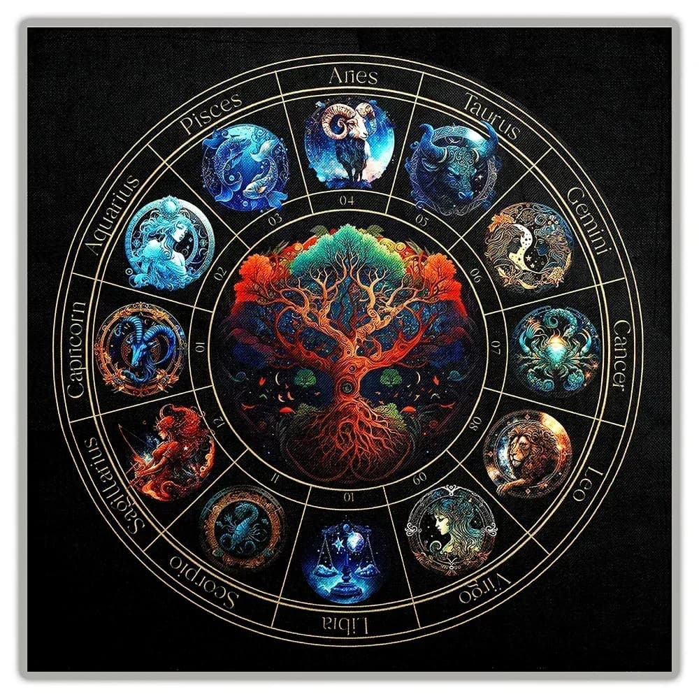 Panno dell'altare dei tarocchi con segni zodiacali e mazzo dei tarocchi celeste dell'albero della vita per le letture dei tarocchi e delle carte Oracle